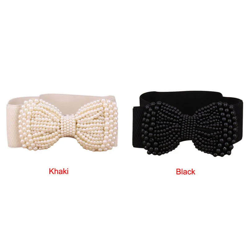 Fashion Lady Bow knot Stretch Elastic Wide Belt Pearl Waist Belt  Faux leather belts for women 40FE0202