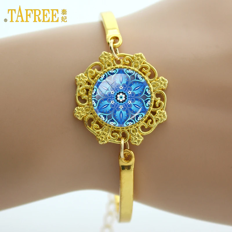 TAFREE Blue Mandala Art Picture Bracelet Hot Fashion Silver Plated Bracelet & Bangle For Men Women Yoga Zen Jewelry Gifts HT011