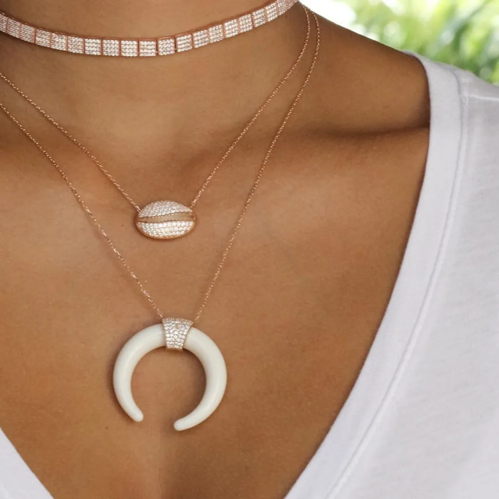 

Rose gold silver color big horn pendant cz link chain elegant fashion women jewelry crescent moon white horn necklace