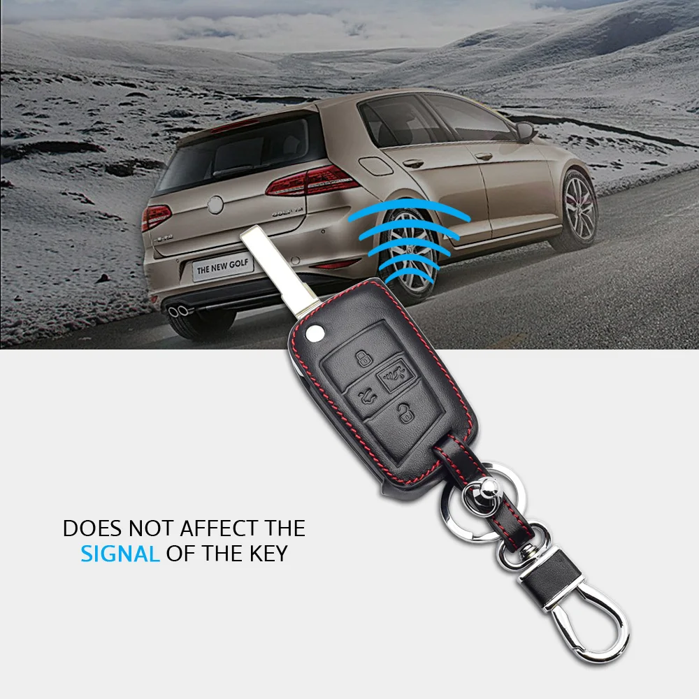 ATOBABI Genuine Leather Flip Car Key Case For VW Volkswagen MK7 Golf 7 GTI 2017 2018 4 Buttons Folding Keychain Remote Fob Cover