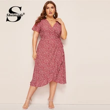 Sheinside плюс размер контрастный принт эластичная талия платье для женщин Лето короткий рукав а линия платья женские Boho Макси платье