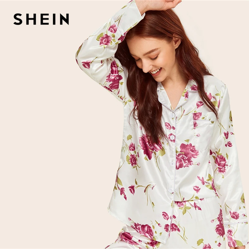 Женский Атласный пижамный комплект SHEIN комплекты с длинными карманами и