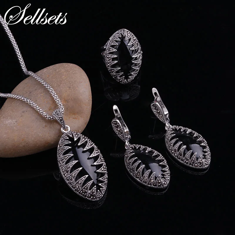 

Sellsets New Design Hight Quality Antique Silver Color Turkish Jewelry Vintage Black Resin Jewelry Sets