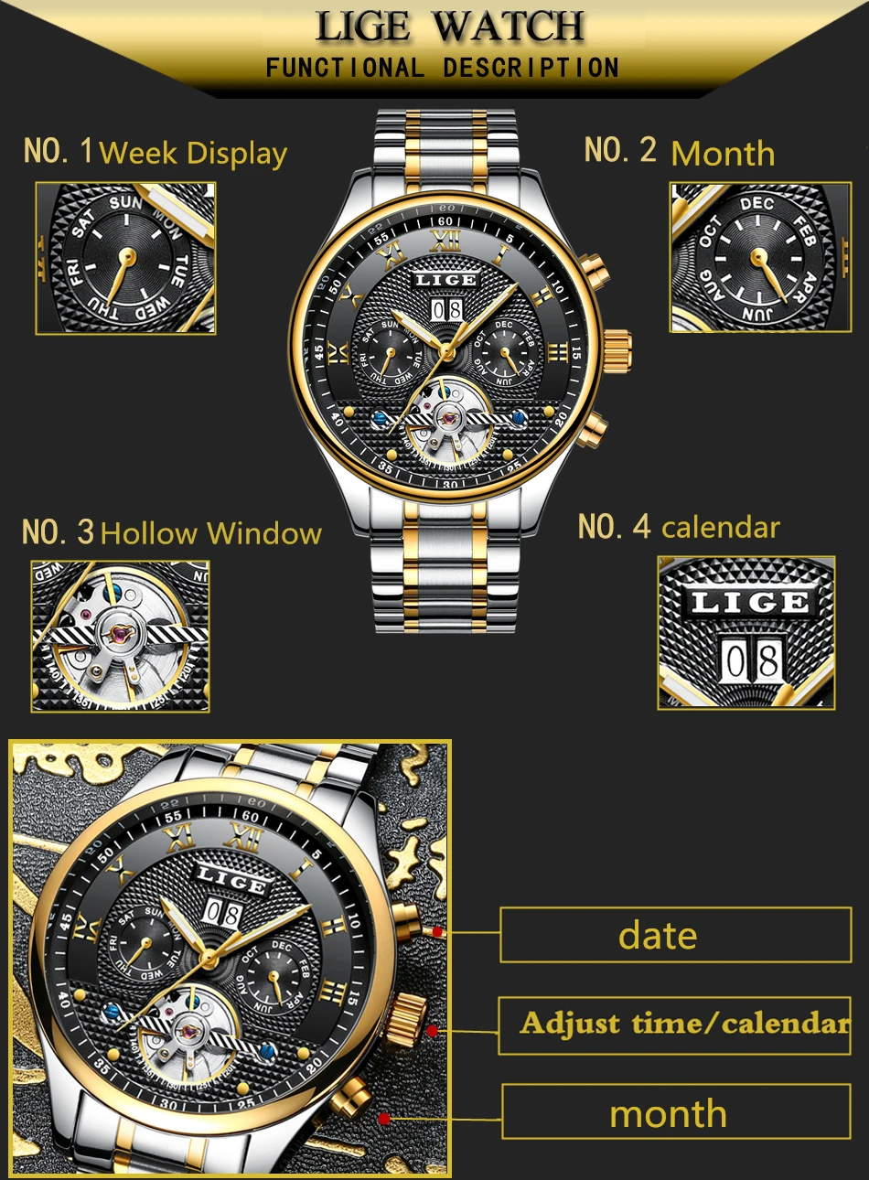 LIGE, мужские часы, Лидирующий бренд, Роскошные автоматические механические часы, мужские, полностью стальные, бизнес, водонепроницаемые, спортивные часы, Relogio Masculino