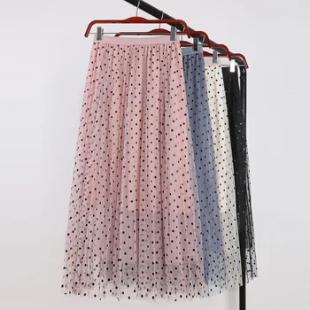 

C54 Early Spring Skirt Long New Arrival 2020 Empire Slender Dot three layers Mesh Empire Skirt Young Women Summer Pleated Skirt