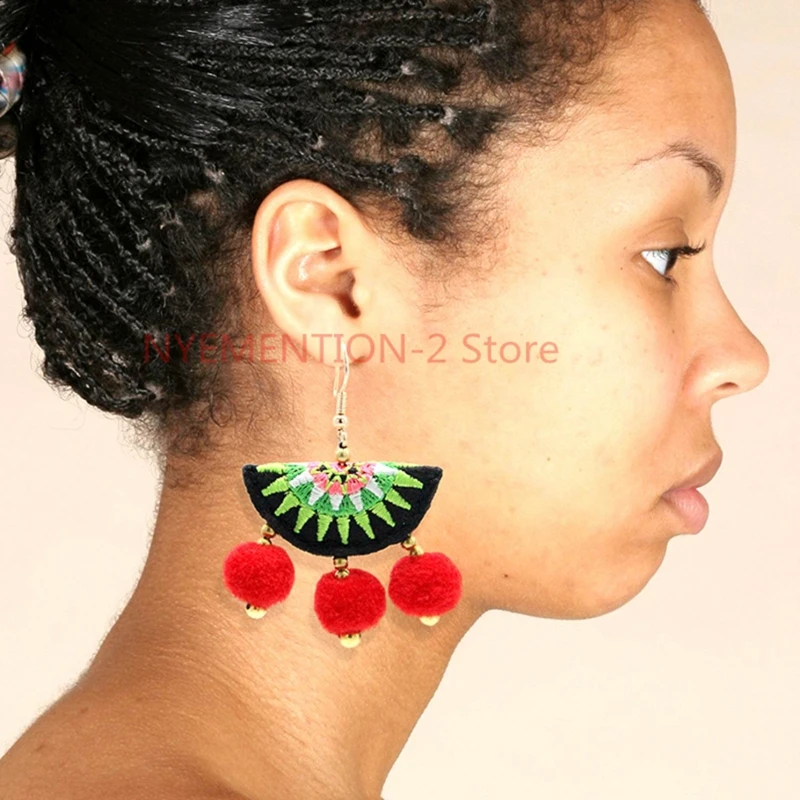 40PCS MANILAI HMONG EMBROIDERY EARRINGS WITH POM POM EARRINGS ETHNIC STYLE ACCESSORIES DANGLE EARRINGS FOR WOMEN 2018
