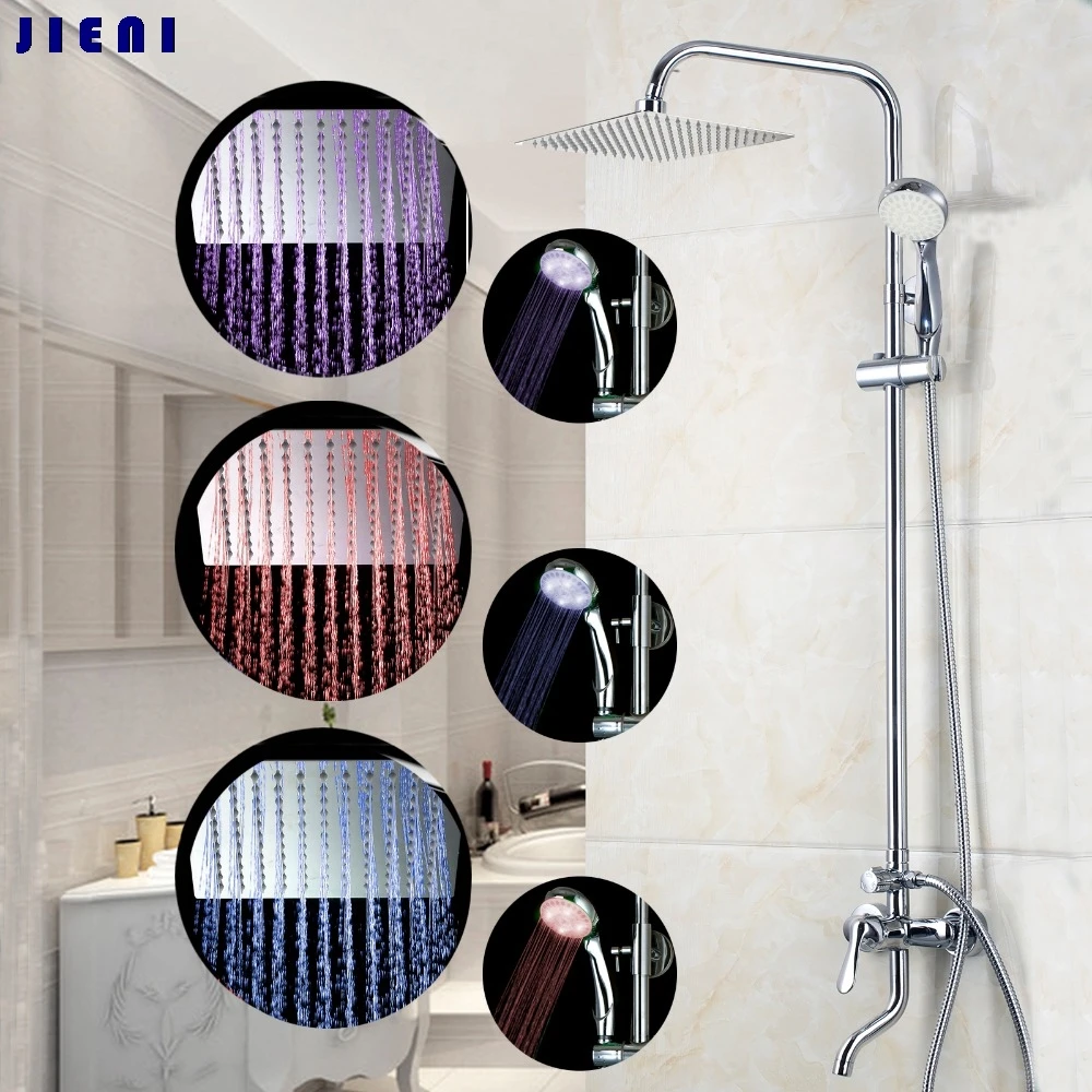 

Square Polished Chrome LED Rain Shower Wall Mount for 8 "led Shower Head + led hand shower + led bathroom Shower Faucet Sets