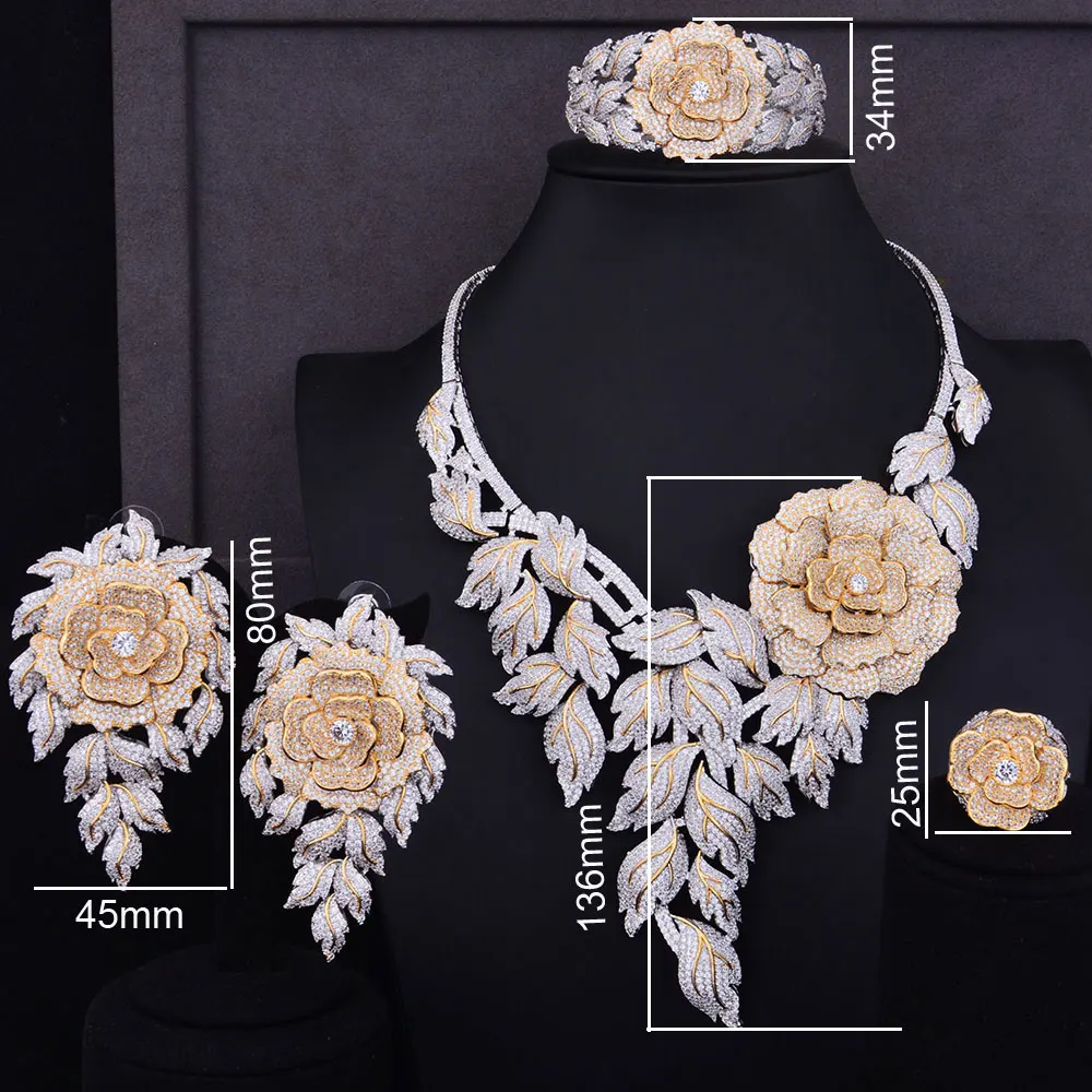 GODKI Роскошные бум цветок розы кластер 2 тон микс для женщин Свадебные кубического циркония массивное ожерелье серьги браслет кольцо ювелирный набор