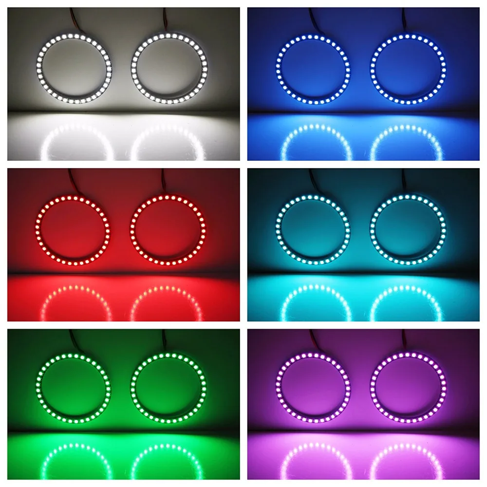 2x Universal 100mm RGBW Color Shifting Flashing 72 SMD LED Angel Eye Halo Ring Lighting Kit w