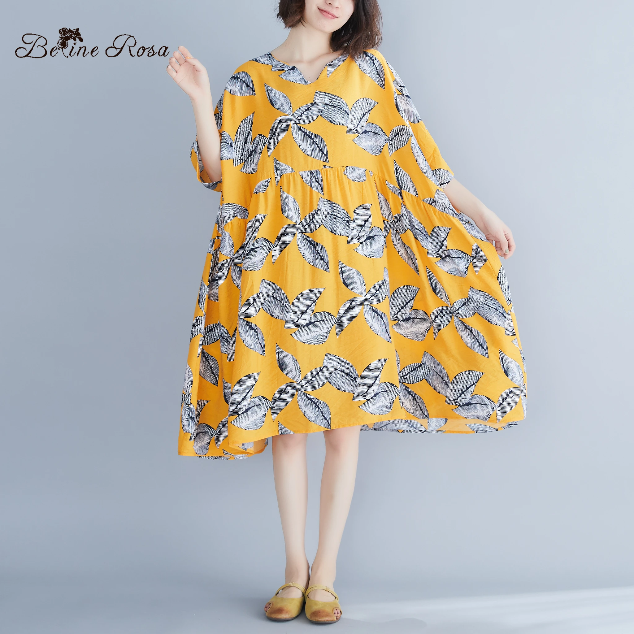 

BelineRosa Summer Beach Holiday Dresses Yellow Color Floral Printing Dresses Plus Size Dress Fit 3XL 4XL 5XL 6XL MBXC0005