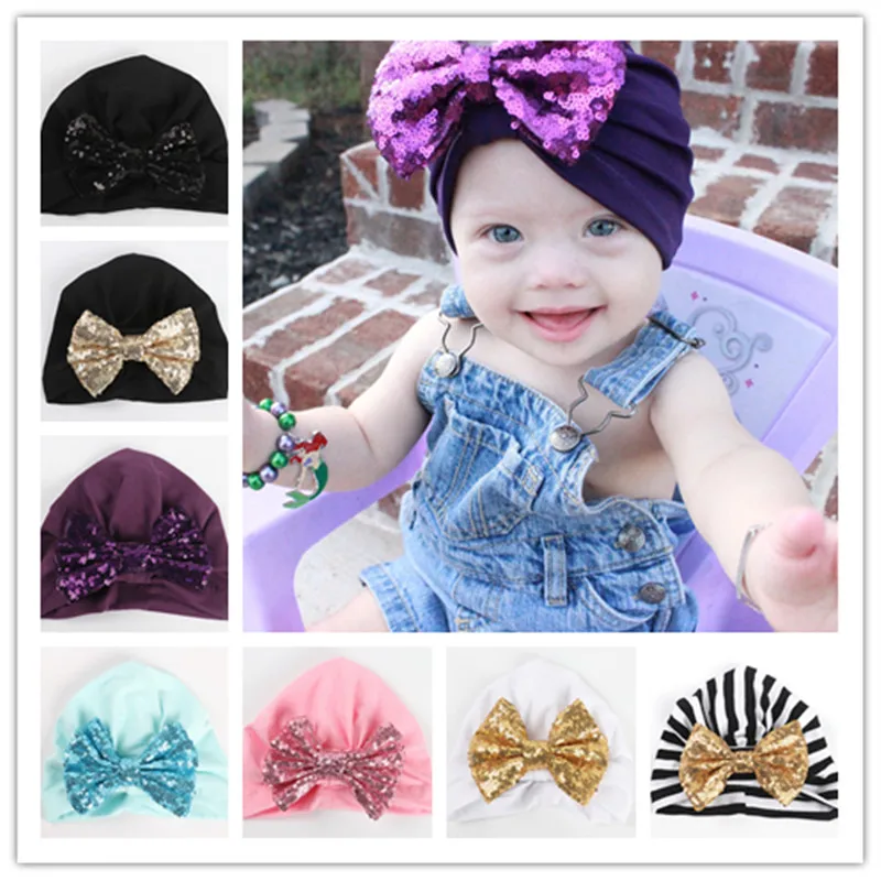 

1pcs 2019 New Hospital Hat Knitting Shiny Bowknot Hat Bows Cap Bohemia India Turban Hats Beanies Photography Props Photo Gorro