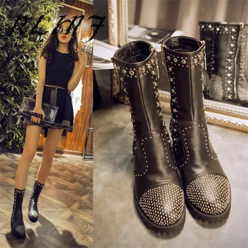 

RLINF Locomotive Martin British Style New Thick with Zipper Rivet Female Short Boots