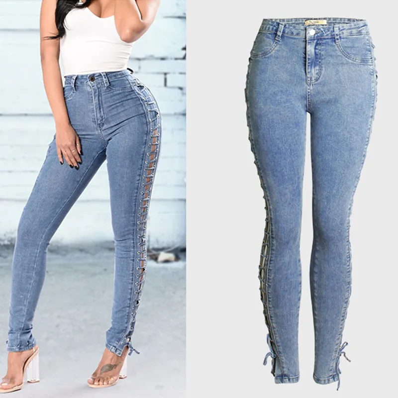 2018 Women Clothing Mid Waist Tight Elastic Lace Up Washed Denim Pencil