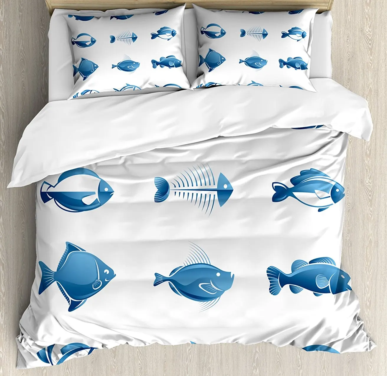 

Fish Duvet Cover Set Array of Fish Silhouettes Marine Life Sea Ocean Related Images Pattern Fish Bones, 4 Piece Bedding Set