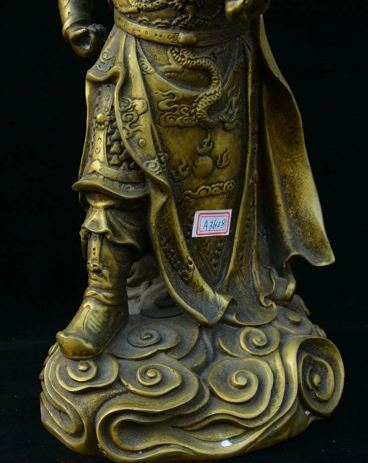 Старые китайские из чистой бронзы драконий халат Guan Gong Yu Yunchang Статуя Воина|Статуи