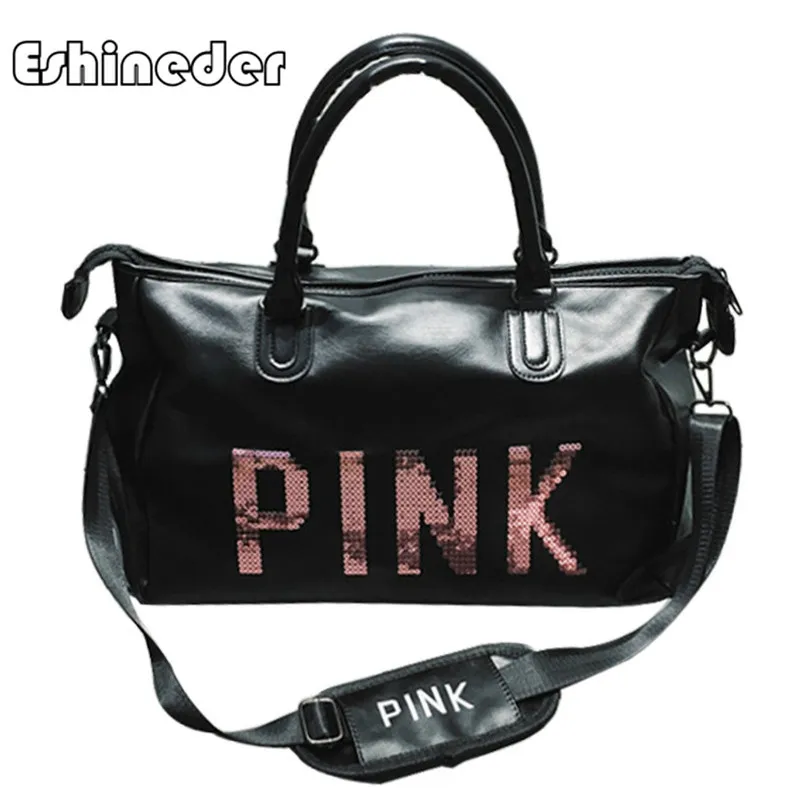 

ESHINEDER Sequins Sport Luggage Handbags Travel Shoulder Tote Letter Printing PINK Duffel Gym Bag Waterproof Pu Leather Bag