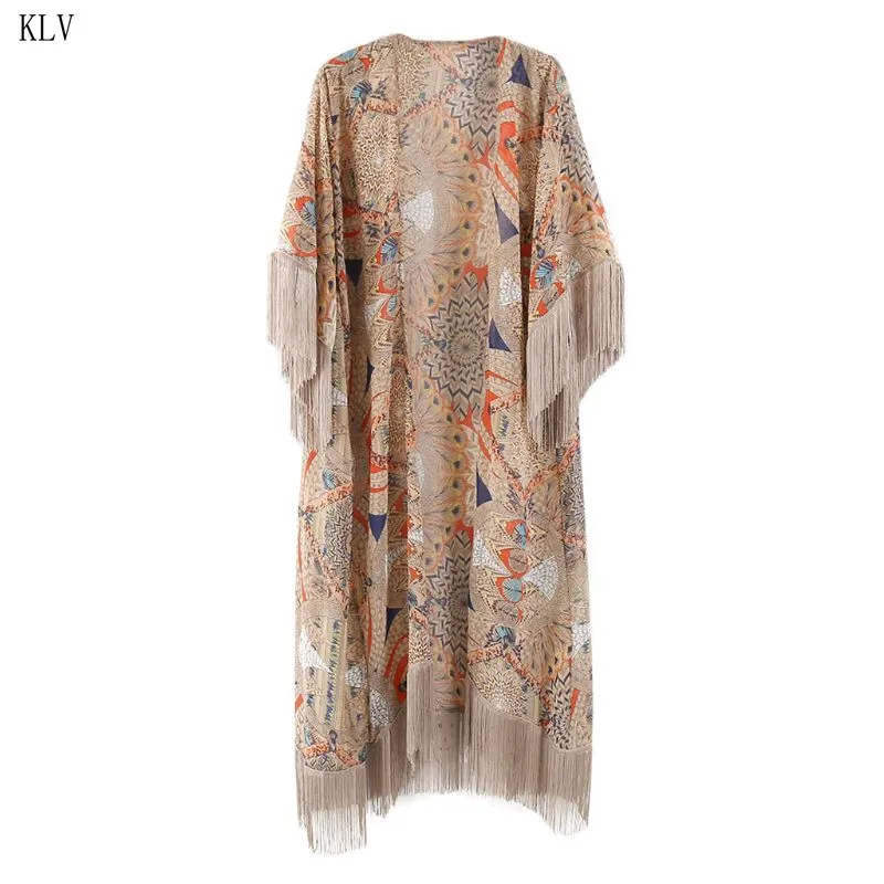 Womens Summer Half Sleeve Chiffon Cardigan Boho Retro Floral Printed Fringed Tassels Bikini Cover Up Ankle Length Kimono Cape