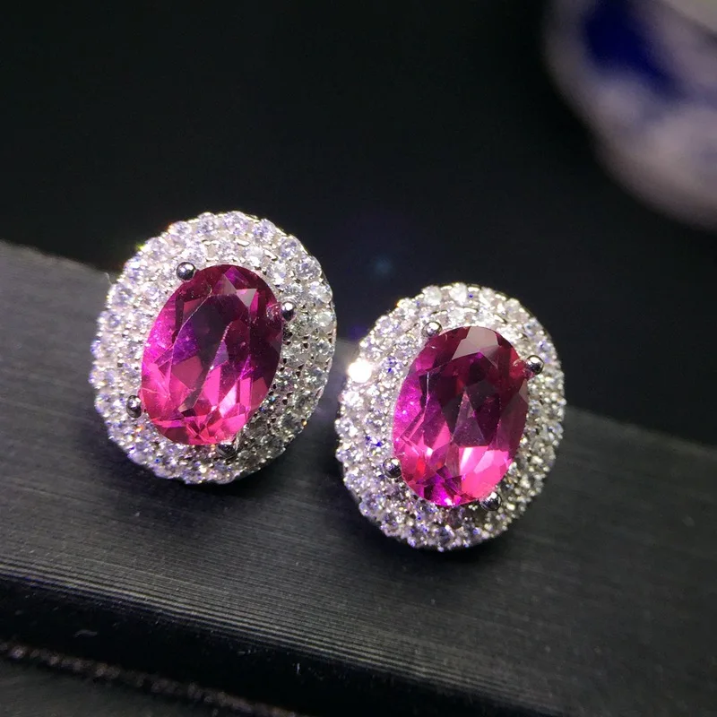 

MeiBaPJ Real 925 Sterling Silver Natural Pink Topaz Ellipse Sun Flower Stud Earrings Fine Charm Jewelry for Women