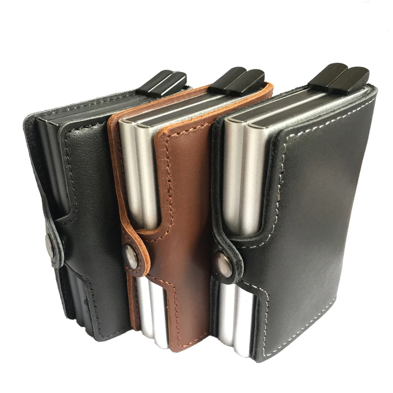 VM FASHION KISS Genuine Leather Double Aluminum Box RFID Safe Card Wallet Credit Card Information Anti-theft Brush Card Holder