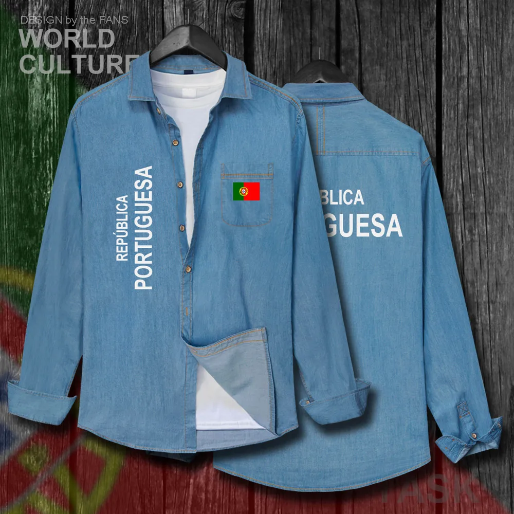 

Portugal Portuguese Portuguesa PT Men Autumn Cotton Flags Turn-down Collar Jeans Shirt Long Sleeve Cowboy Coat Fashion Clothes