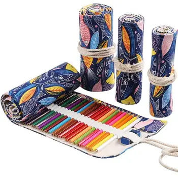 

QONE 100 pcs/lot 12/24/36/48 Hole New Fashion Canvas Sketch Holder Roll Up Pen Case Storage Bag Pouch Organizer For Pencils Case