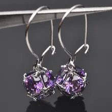 Необычные женские серебряные серьги-капли с фиолетовыми кристаллами и цирконием P02142