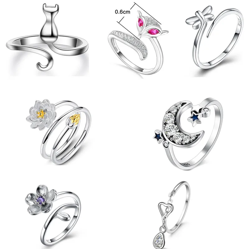 

Geoki Pink Cubic Zirconia Eye Fox Cat Butterfly Ring Blue Enamel Star&White CZ Moon Plum Blossom Cocktail Rings Party Jewelry