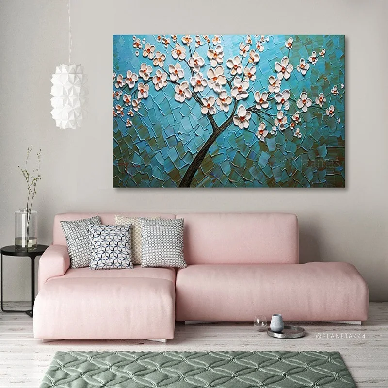 Hand Painted Lavender Landscape Blooming Tree Pink Flower Painting Original textured palette knife Acrylic painting | Дом и сад