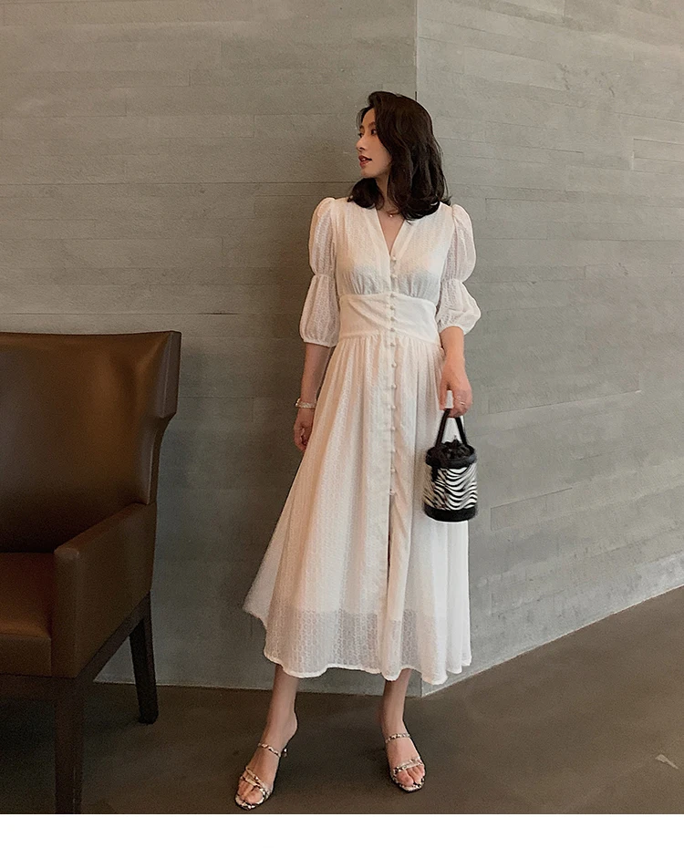 Винтажное французское элегантное платье для женщин, летнее хлопковое однотонное белое миди платье с рукавами-фонариками, женские вечерние платья хорошего качества