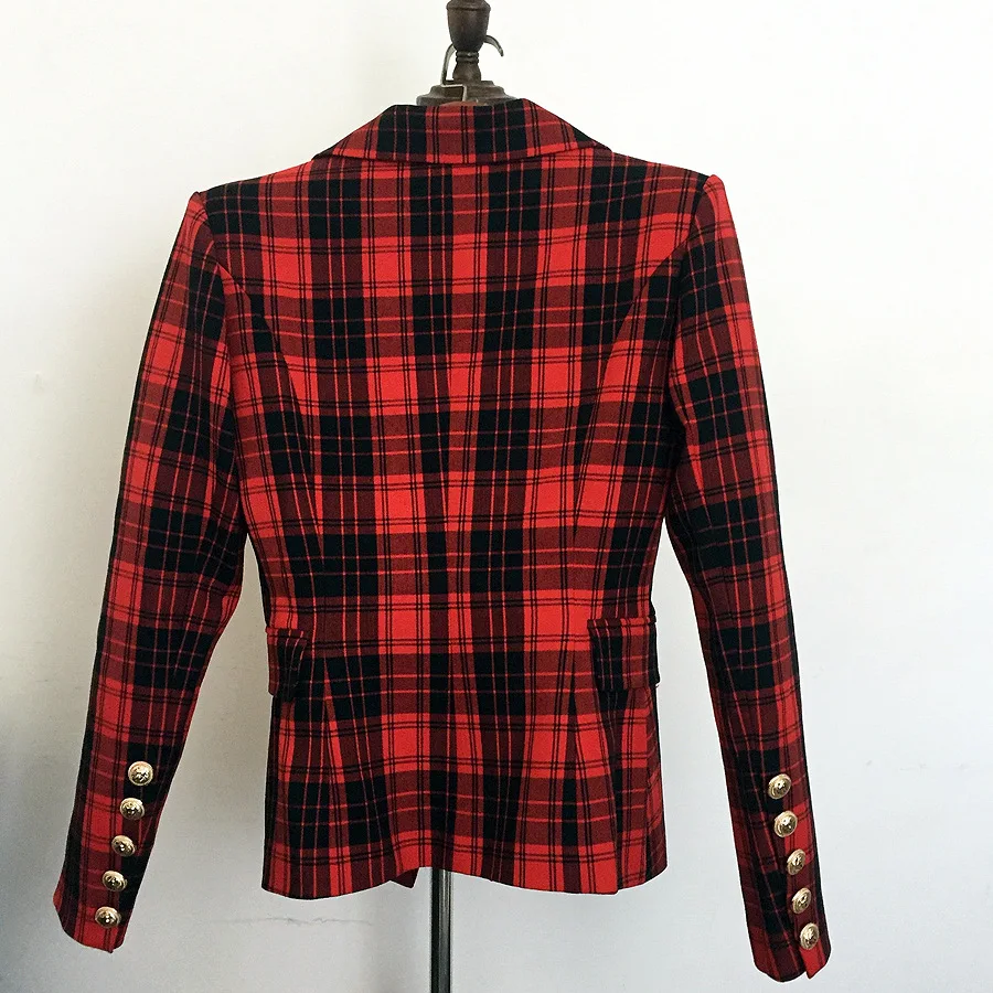  2018 Spring New Jacket Women Metal Lion Buttons Double Breasted Plaid blazer feminino