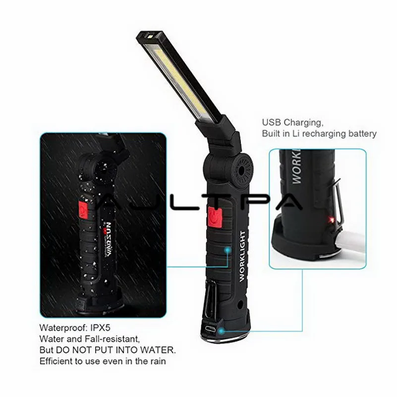 Recarregável de Bolso Modos de Iluminação Luz de Trabalho Levou Portátil 360 Graus Rotate 5 Magnética Base Giratória Gancho Cob Usb Luz 3 lâmpada cob de bolso com rotação de