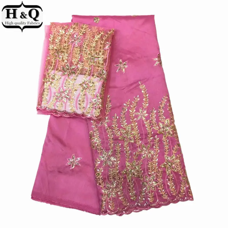 

Most Popular African George Lace Fabric 5 yards Embroidered With Stones&Sequins + 2 yards French Net tulle lace for Party Dress