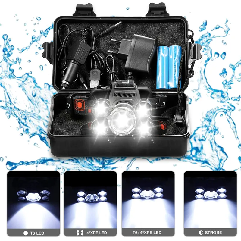 

Headlight 30000 Lumen headlamp 1T6+4XPE LED Head Lamp Flashlight Torch Lanterna head light with 18650 battery AC/DC charger