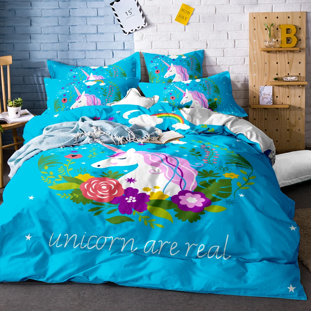 Милое постельное белье с изображением единорога, набор мультяшных пододеяльников для пуховых одеял, набор из 3 предметов, постельное белье