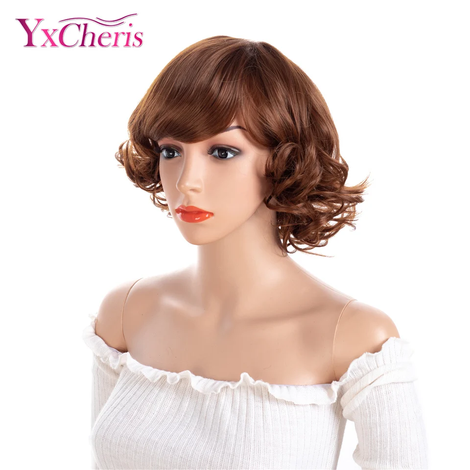 Короткие парики для женщин Syntheic коричневые волосы парики женский Термостойкое волокно естественная волна косплей парик с челкой
