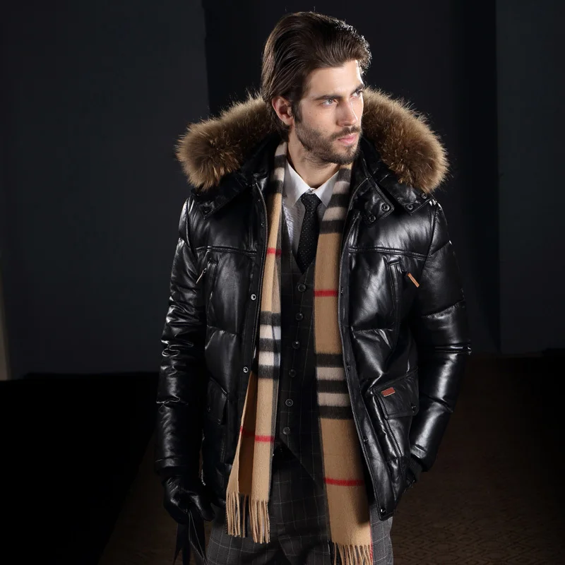 2014 New Arrival Men's Thick Genuine Leather Down Coat Short Real