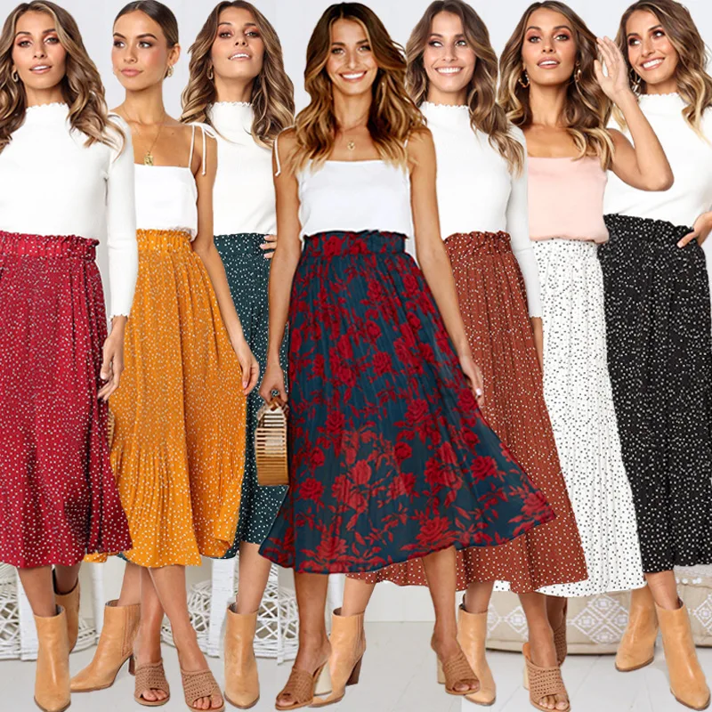 

7 Color Summer 2019 Fashion Dot Printed Long Skirts Stretch Waist Pocket Design Loose Pleated Skirt Women Clothes Streetwear