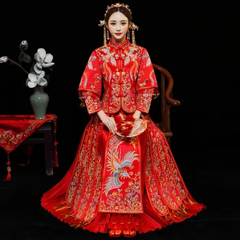 

New Fashion Noble Retro Chinese Women Bride cheongsam Dress Long Wedding Qipao Delicate Embroidery Phoenix cheongsam Size S-XXL