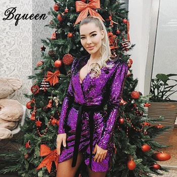 

Bqueen 2019 Deep V Sequined Women Fashion Solid Full Sleeve Asymmetrical Split Women Mini New Dress