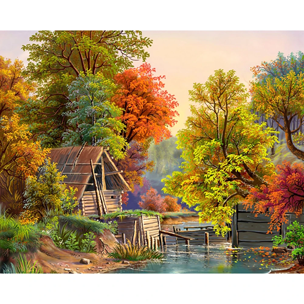

Full Diamond Square Diamond 5D DIY Diamond Painting Riverside cabin Diamond Embroidered Cross-stitch Rhinestone Mosaic