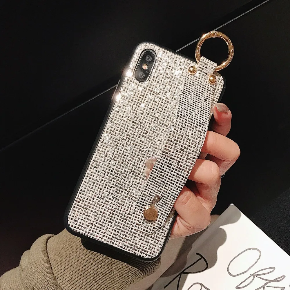 Case For iPhone Xr X Xs Max Cover Korean Shiny Glitter Sequins Girly Wristband Stand Phone Cases (6)