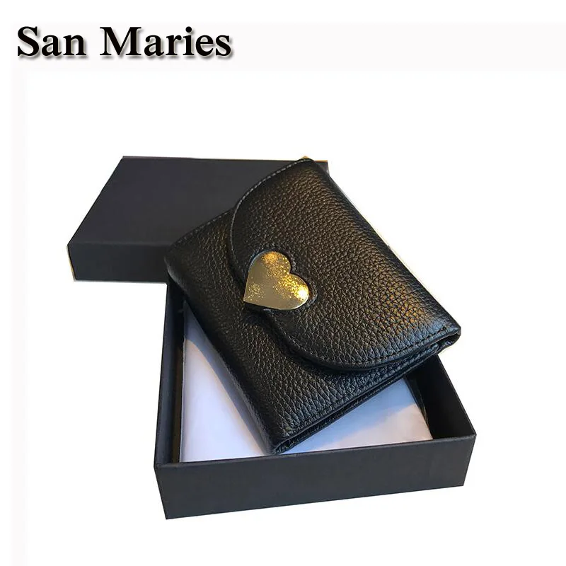 

San Maries New Arrival Wallet Short Women Wallets Genuine Leather Heart Hasp Lovely Girls Purse Coin Card Wallets