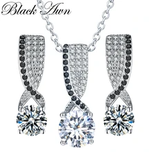 [Черный ость] Мода 925 пробы Серебряные комплекты ювелирных изделий Свадебные Цепочки и ожерелья с подвесками серьги серебро 925 ювелирных изделий для Для женщин Z006