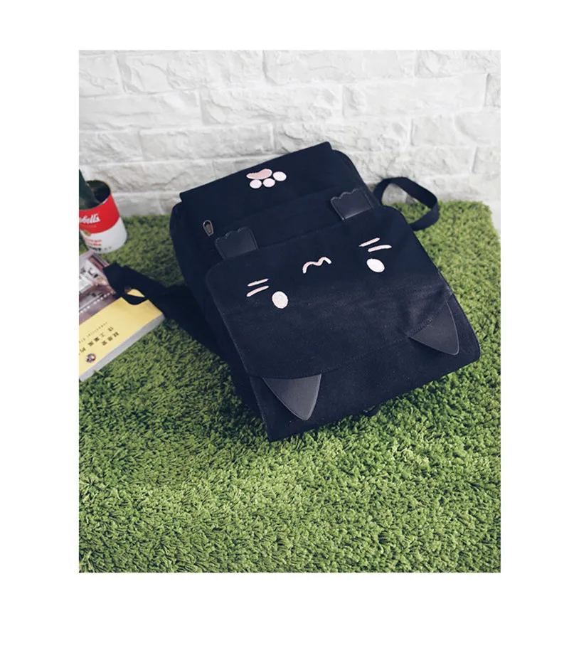 Милый парусиновый рюкзак с рисунком кота; рюкзаки с вышивкой для девочек-подростков; школьная сумка; Повседневный Черный рюкзак с принтом; Mochilas
