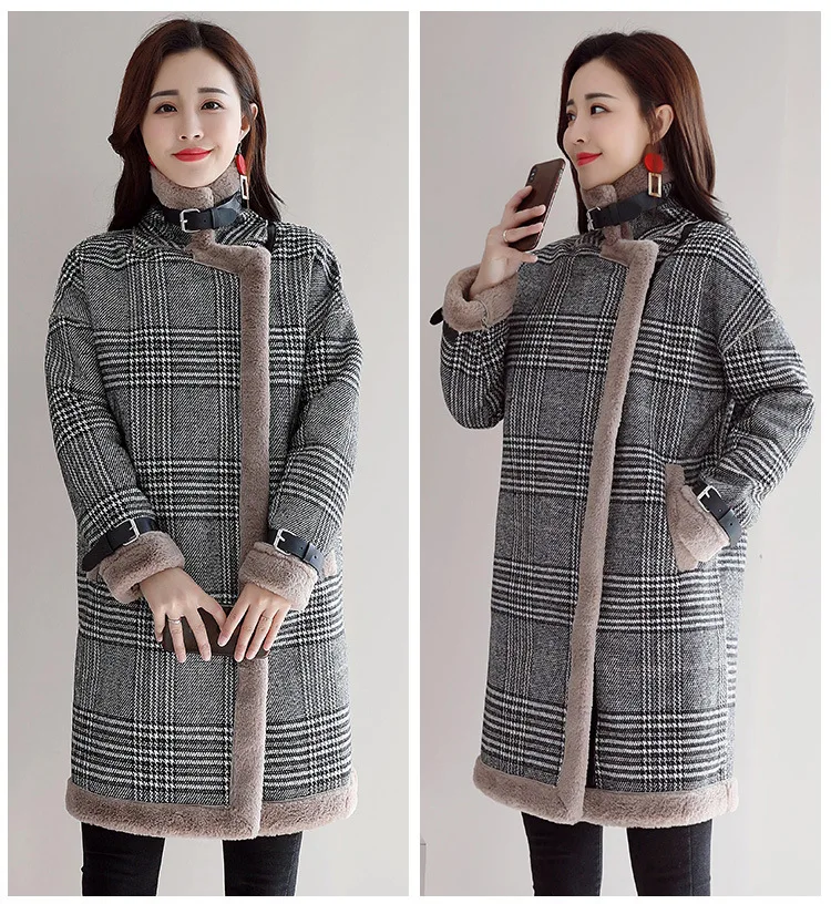 Goede Faux Fur Wol Blend Coat Vrouwen Mid lange Jassen Turn down Kraag Uitloper Plaid Jas Casual Herfst Winter elegante Overjas Parka