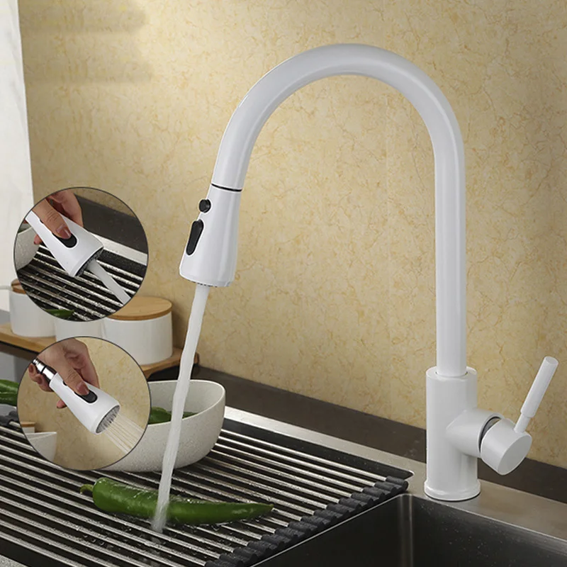 

Copper bifunctional smoked pull out hose check faucet kitchen faucet can rotate sink dish POTS of hot and cold water tap