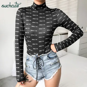 

SUCHCUTE Body For Women Jumpsuit With Print Black Elegant Playsuits Long Sleeve Autumn 2019 Rompers Female Clothes Combinaison