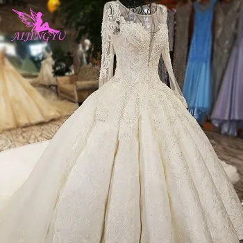 شراءAIJINGYU فساتين زفاف فاخرة العاج الساتان حافة كشكش محلات الزفاف مثير ثوب الدانتيل قطار طويل فستان الزفاف