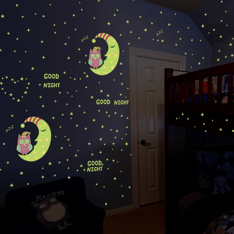 Светящаяся Сова Луна Звезда Наклейка на стену звезды светятся для детских комнат светится в темноте домашний декор хорошая ночь флуоресцентная Фреска плакат