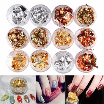 

12 Boxes Nail Art Gold Silver Paillette Flake Chip Foil Kit Acrylic Gel Polish Tips 3D Design Sticker Manicure Pedicure Decal
